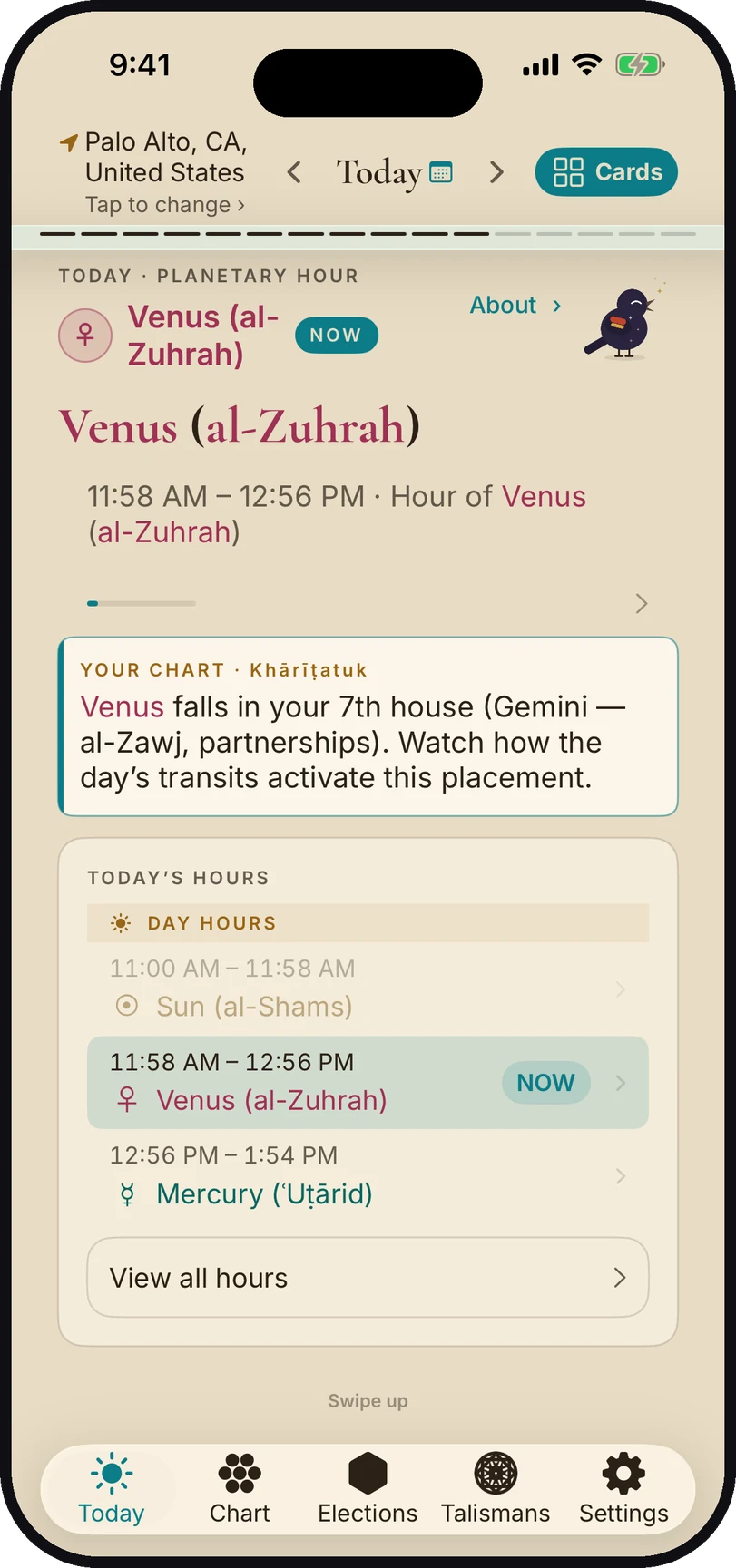 Canopy planetary hour screen in the Coffee Cream theme: the hour of Venus (al-Zuhrah), with today's hours listed