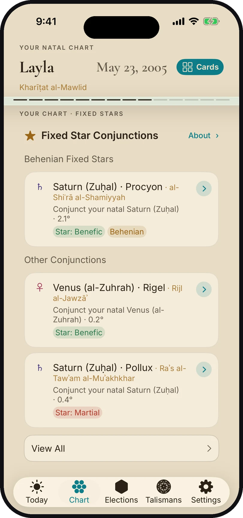 Canopy Fixed Star Conjunctions screen in the Coffee Cream theme: natal planets joined to fixed stars, Saturn with the Behenian star Procyon among them