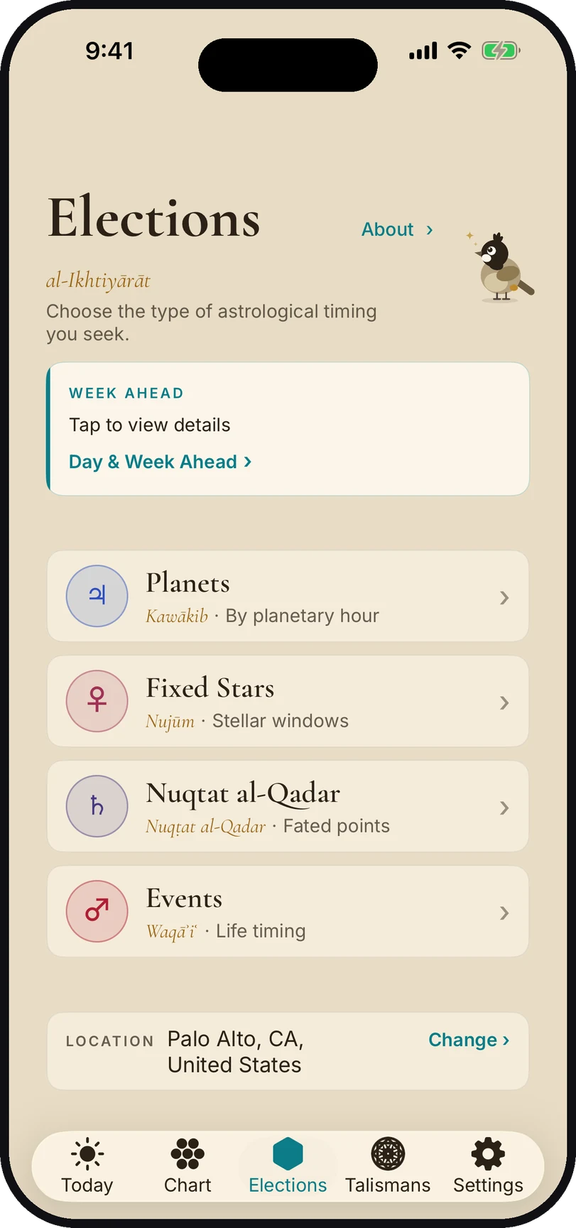 Canopy&rsquo;s Elections screen in the Coffee Cream theme, with Week Ahead, Planets, Fixed Stars, Nuqtat al-Qadar and Events, the card where the Wedding Day & Marriage search begins