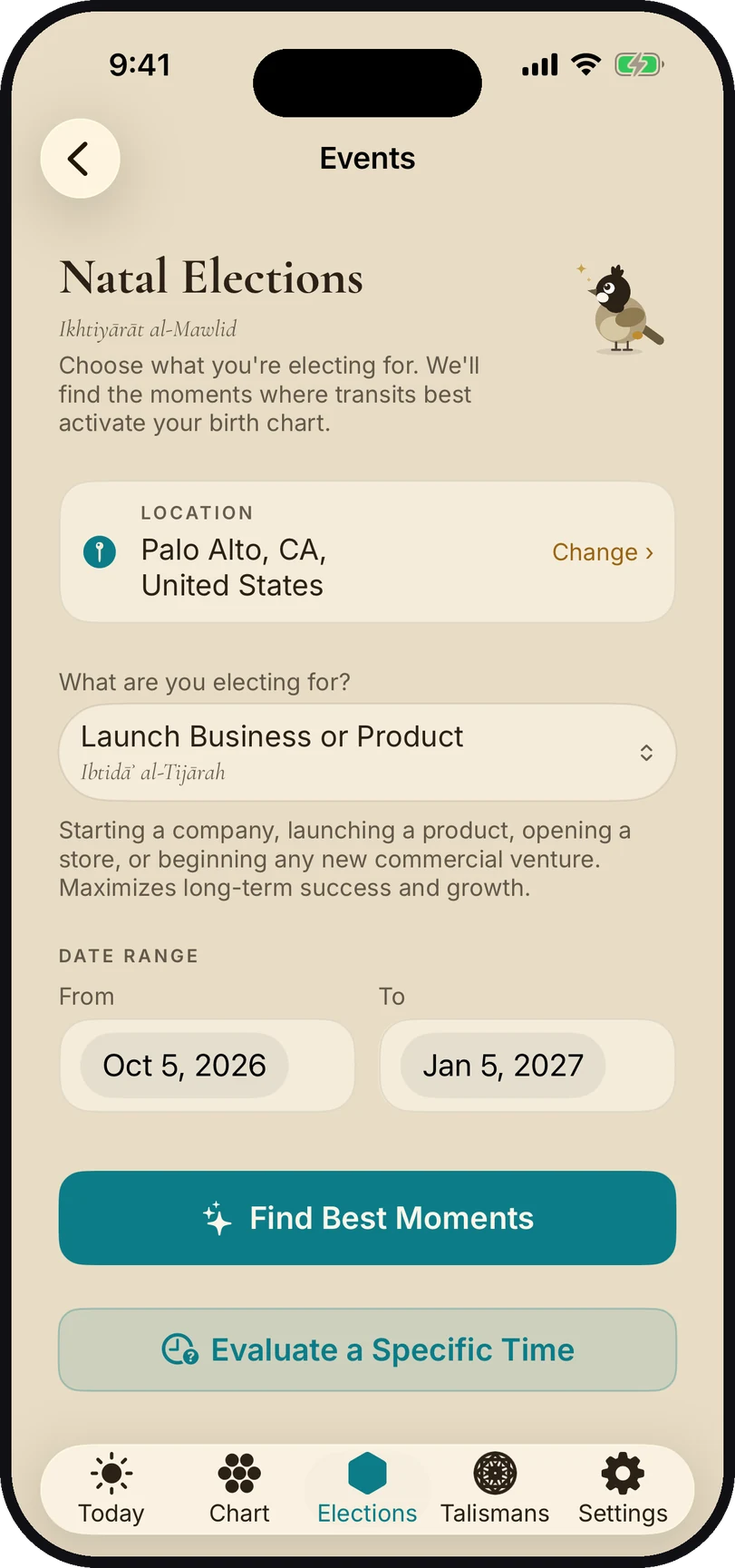 Canopy's Natal Elections screen in the Coffee Cream theme, set to Launch Business or Product for Palo Alto with a date range from 5 October 2026 to 5 January 2027, above the Find Best Moments and Evaluate a Specific Time buttons
