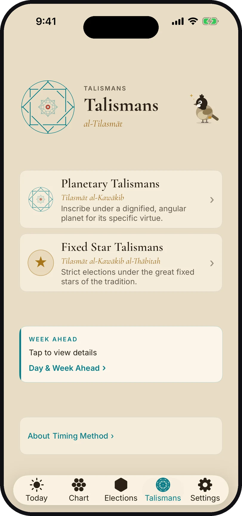 Canopy Talismans screen in the Coffee Cream theme, headed al-Tilasmāt: entries for Planetary Talismans and Fixed Star Talismans, a Week Ahead card and an About Timing Method link
