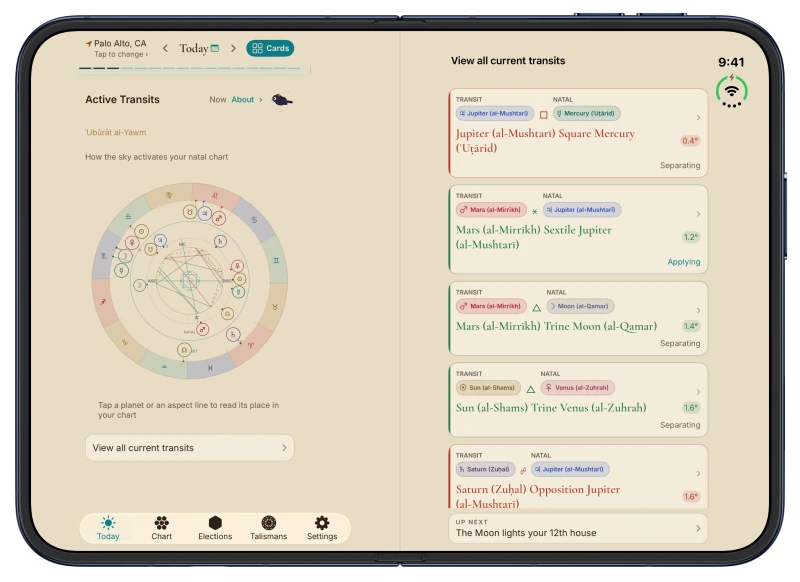 Canopy on iPhone Duo in Coffee Cream: Active Transits, today's planets drawn around the natal chart, on the left page, and every current transit listed on the right page