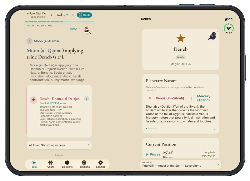 Canopy on iPhone Duo in Coffee Cream: today's fixed stars on the left page and one star read in full on the right page