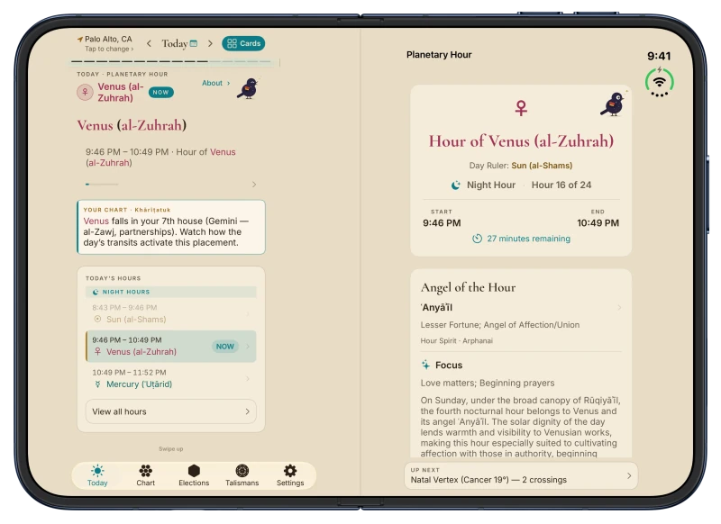 Canopy on iPhone Duo in Coffee Cream: the planetary hour, the hour of Venus (al-Zuhrah), with the night's hours listed on the left page, and the Hour of Venus with its day ruler, its start and end and the minutes remaining on the right page