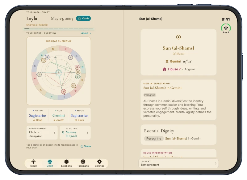 Canopy on iPhone Duo in Coffee Cream: a natal chart wheel with Sagittarius rising, the Sun in Gemini and the Moon in Sagittarius on the left page, and the Sun (al-Shams) in Gemini read on the right page