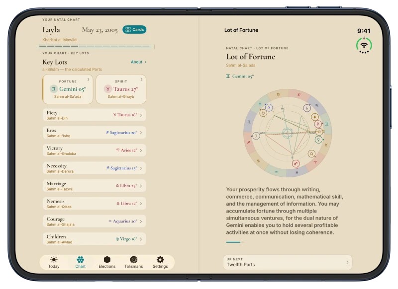 Canopy on iPhone Duo in Coffee Cream: Key Lots, the Arabic lots of a natal chart, on the left page, and the Lot of Fortune in Gemini read on the right page