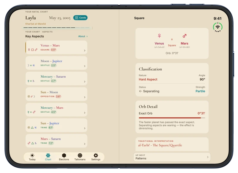 Canopy on iPhone Duo in Coffee Cream: the natal chart's key aspects on the left page, and the Venus–Mars square read on the right page