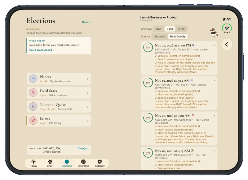 Canopy on iPhone Duo in Coffee Cream: the Elections screen with its four kinds of timing on the left page, and the ranked windows for launching a business or product on the right page, led by Wednesday 25 November 2026 at 11:00 PM in an hour of Jupiter