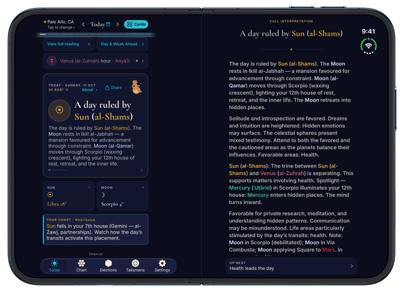 Canopy on iPhone Duo in Midnight: the Today screen on the left page, a day ruled by the Sun (al-Shams), and its full interpretation on the right page
