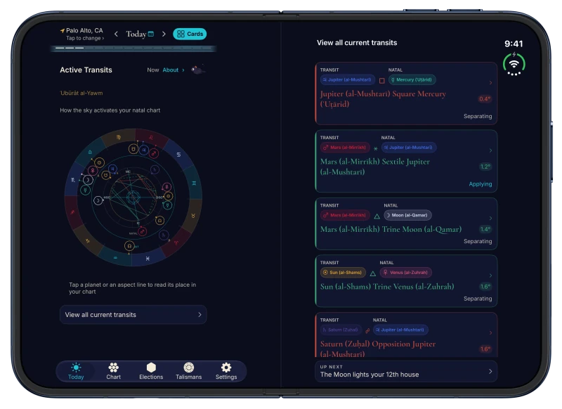 Canopy on iPhone Duo in Midnight: Active Transits, today's planets drawn around the natal chart, on the left page, and every current transit listed on the right page
