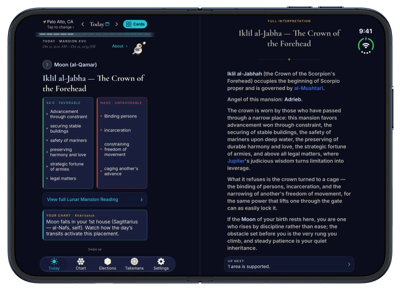 Canopy on iPhone Duo in Midnight: tonight's lunar mansion, Iklīl al-Jabha, the Crown of the Forehead, with what it favors and what it warns against on the left page, and its full interpretation on the right page
