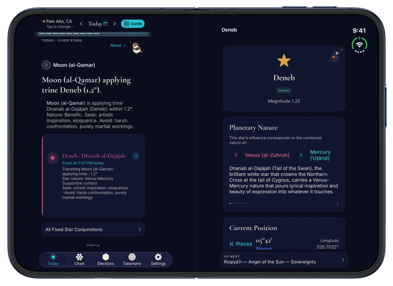 Canopy on iPhone Duo in Midnight: today's fixed stars on the left page and one star read in full on the right page