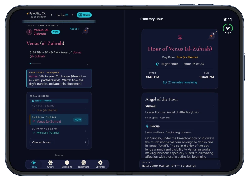 Canopy on iPhone Duo in Midnight: the planetary hour, the hour of Venus (al-Zuhrah), with the night's hours listed on the left page, and the Hour of Venus with its day ruler, its start and end and the minutes remaining on the right page