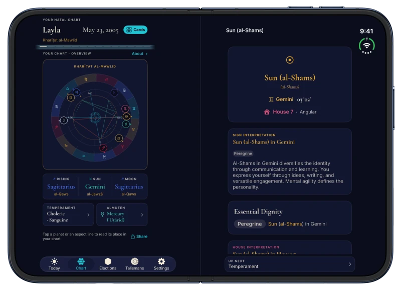 Canopy on iPhone Duo in Midnight: a natal chart wheel with Sagittarius rising, the Sun in Gemini and the Moon in Sagittarius on the left page, and the Sun (al-Shams) in Gemini read on the right page
