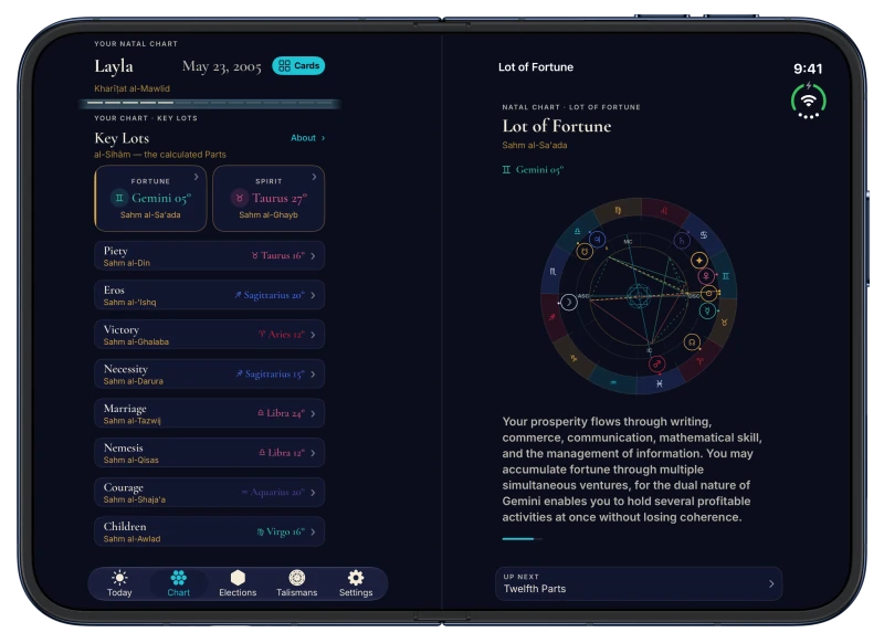 Canopy on iPhone Duo in Midnight: Key Lots, the Arabic lots of a natal chart, on the left page, and the Lot of Fortune in Gemini read on the right page