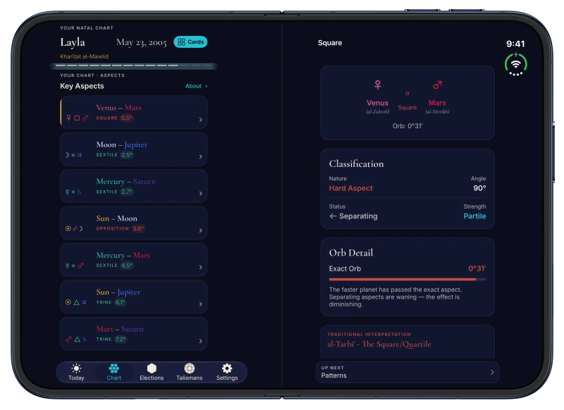 Canopy on iPhone Duo in Midnight: the natal chart's key aspects on the left page, and the Venus–Mars square read on the right page