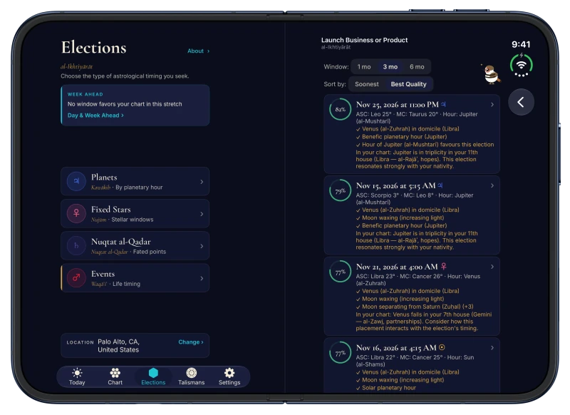 Canopy on iPhone Duo in Midnight: the Elections screen with its four kinds of timing on the left page, and the ranked windows for launching a business or product on the right page, led by Wednesday 25 November 2026 at 11:00 PM in an hour of Jupiter