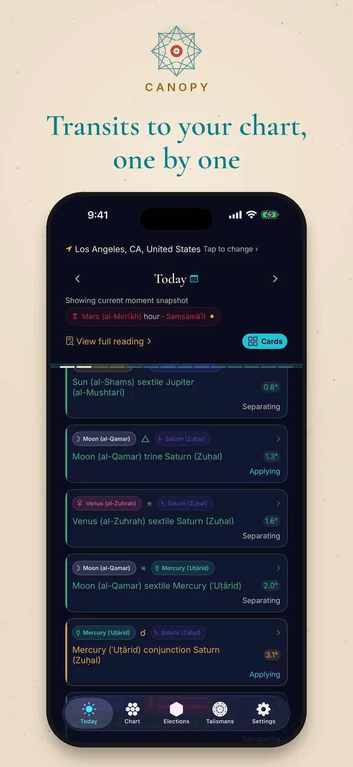 The list of active transits in dark mode